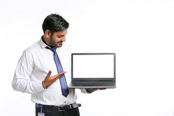 Young india student, banker or employee showing laptop screen