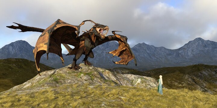 Fantasy dragon and beautiful young girl 3d illustration