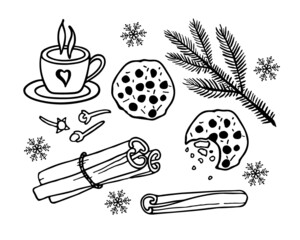 Winter doodle. Cozy Winter, hot drink and cake, spices and Christmas tree branches. Symbols of Christmas, winter holidays. Sketch Vector illustration. Black white Seasonal Design elements isolated.