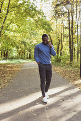 Fototapeta premium African american student walking in the park in autumn season