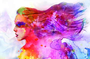 Watercolor Art Face of a girl in paint with beautiful long hair, vector abstract illustration