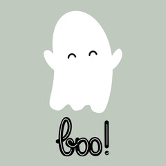 cute cartoon hand drawn lettering boo text with baby ghost funny holiday vector illustration in flat style