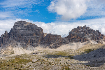 Mountain peak of Monte Paterno or Paternkofel (2744 m.), natural park of Tre Cime di Lavaredo or Drei Zinnen, Dolomites, UNESCO world heritage site, Veneto, Trentino-Alto Adige, Italy, Europe.