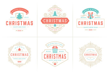 Fototapeta premium Christmas vector ornate labels and badges set with happy new year holidays wishes typography for greeting cards