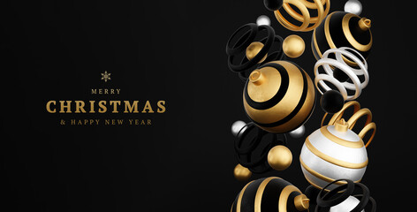 Merry Christmas and Happy New Year 3d render illustration card with ornate gold, black and silver xmas balls and decoration. Winter decoration, minimal design