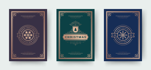 Christmas greeting cards set with vintage typographic design ornate decoration