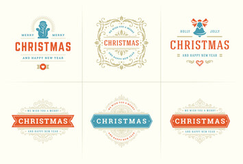 Christmas vector ornate labels and badges set with happy new year holidays wishes typography for greeting cards