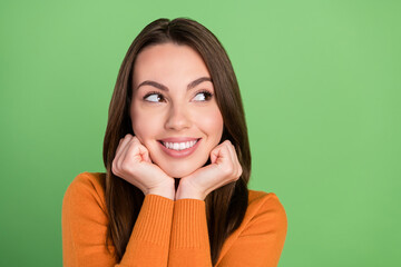 Photo portrait woman smiling happy wearing casual clothes looking copyspace isolated pastel green color background