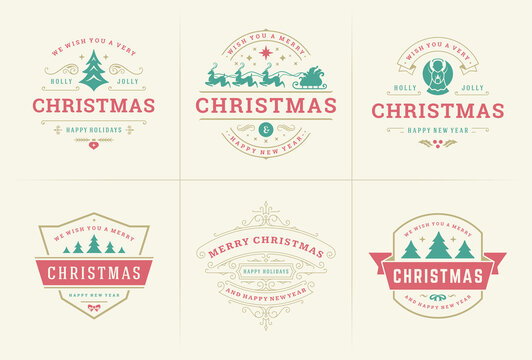 Christmas vector ornate labels and badges set with happy new year holidays wishes typography for greeting cards