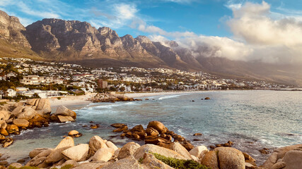 Scenic view of Camps Bay, South Africa with twelve apostles in the background.