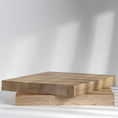 A minimalist pedestal with a blank space and sun shadows on the wall 