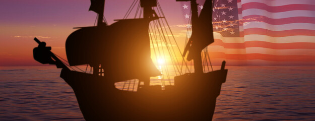 Vintage sailboat on the sea sunset background . National USA holiday . COLUMBUS DAY.