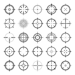 Crosshair, gun sight vector icons. Bullseye, black target or aim symbol. Military rifle scope, shooting mark sign. Targeting, aiming for a shot. Archery, hunting and sports shooting. Game UI element.