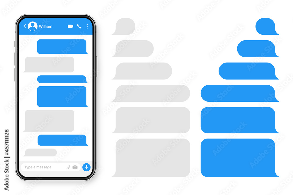 Wall mural realistic smartphone with messaging app. blank sms text frame. conversation chat screen with blue me