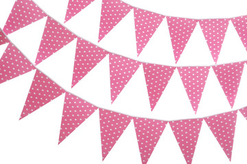 Rows of triangular bunting flags on white background. Festive decor