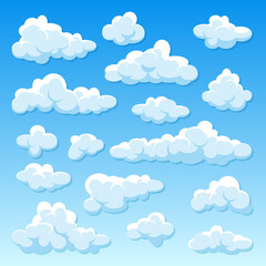 Various round clouds with shadow on blue gradient background. Summer sky panorama. Simple cartoon cloud. Flat design. Vector illustration.