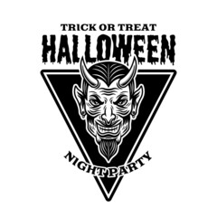 Devil head vintage halloween emblem, badge, label or logo in monochrome style vector isolated illustration