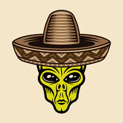 Alien head in sombrero hat vector illustration in colorful cartoon style isolated on light background