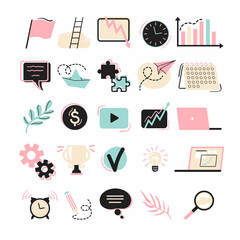 Collection clip art elements for business presentations, information posts about management. Vector illustration in flat style. Objects isolated on white background.