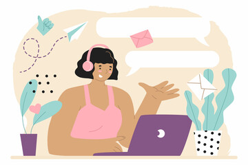 Scene with woman in daily activities. Web feeds scrolling, watching videos, chatting with friends, like. Vector illustration. Isolated on white background. Home working, freelance, deal solution.