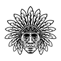 Chief head native american in traditional indian headdress with feathers vector illustration in monochrome vintage style isolated on white background