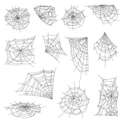 Halloween web, spiderweb and cobweb set. Isolated vector spider nets, round, corner and half shape webs. Spooky, scary design elements for greeting cards decoration, insects trap monochrome decor