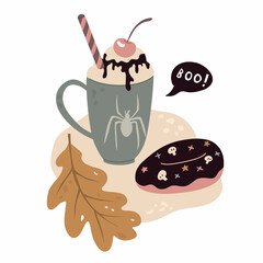 Composition with Sweets and fall plants for Halloween party. Cup of milk shake and donut decorated with candy skull. Isolated on white background. Vector illustration. Flat style. Cherry, Boo.