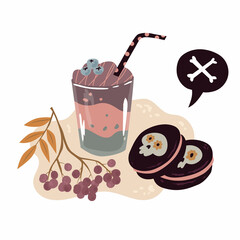 Composition with Sweets and fall plants for Halloween party. Cup of coffee and macaroons decorated with Mexican skull. Isolated on white background, Vector illustration. Flat style. Holiday, bone.