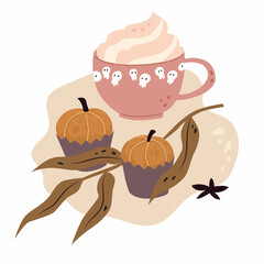 Composition with Sweets for Halloween party. Cup of coffee and pumpkin cakes, autumn leaves, leaf, cream. Isolated on white background, Vector illustration. Flat style. Holiday decoration, scull.