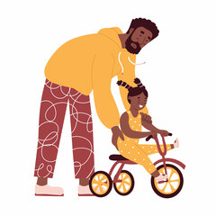Father teaches daughter ride three cycle. Flat style in vector illustration. Family day, child education, single father, black skin people, playing with daddy, dad and baby, kid. Isolated.