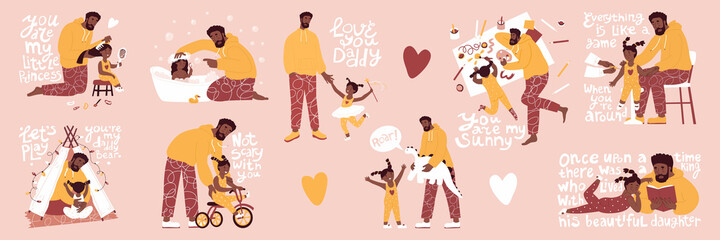 Father and daughter in different situations. Playing, washing, walking, drawing, educating, reading, combing hairs, vaccinate. Vector illustration. Family day, single father, black skin. Isolated.