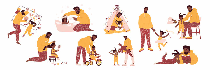 Father and daughter in different situations. Playing, washing, walking, drawing, educating, reading, combing hairs, vaccinate. Vector illustration. Family day, single father, black skin. Isolated.