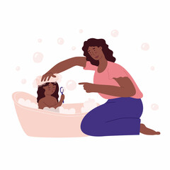Mom and daughter. Washing kid in bath, soap bubble, foam, washcloth, playing. Flat style in vector illustration. Family day, child education, single mother, black skin people. Isolated.