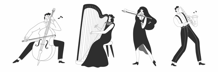 Musicians plays musical instrument. Orchestra, band, meditation, playing music, cello, harp, saxophone, viola. Isolated on white background. Vector illustration. Flat style. Festival poster.