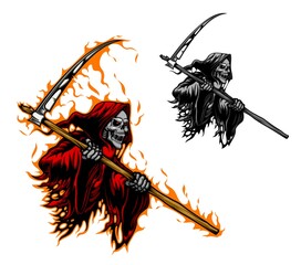 Grim reaper tattoo, scary death or demon monster with scythe blade, vector. Death skull or skeleton ghost with scythe in fire flames, gothic horror devil face with red eyes for tattoo - obrazy, fototapety, plakaty