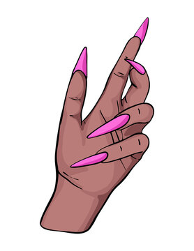 Long nails manicure women hand black skin acrylic fake manicure glamour illustration, beauty salon art
