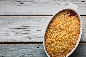 Recipe for organic plum cake, products on the rustic table.