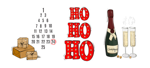 Advert calendar festive season design, Ho Ho ho text, Champagne bottle with glasses Christmas season art in vector