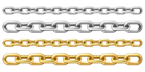 Foto op Plexiglas Realistic golden and silver chains isolated on white background. Metal chain with shiny gold plated links. Vector illustration. © 32 pixels