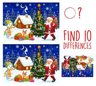 Kids game find ten differences. Vector cartoon Christmas characters Santa Claus, snowman and squirrel on snowy landscape with decorated fir tree and house. Educational children riddle leisure activity