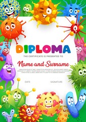Obraz na płótnie Canvas Kids diploma certificate with cartoon funny microbes, germs and viruses, vector certificate. Kindergarten education diploma award with smiling virus, microbe or pathogen disease and bacteria germs