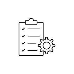 Clipboard and gear icon. Project management concept line style. Technical support check list with cog. Software development concept.