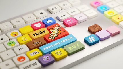 A computer keyboard with custom internet slang and social media buttons. 3D illustration - obrazy, fototapety, plakaty