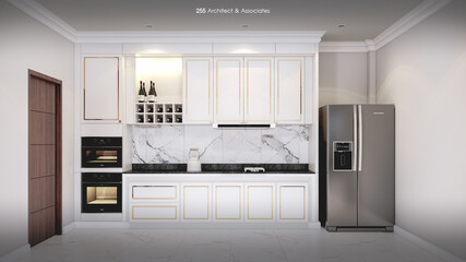 modern kitchen interior with fireplace