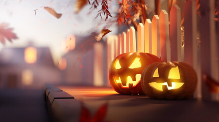 Glowing candle lit Jack O Lantern Halloween pumpkin decorations outside on a suburban street pavement at dusk. 3D illustration. - obrazy, fototapety, plakaty