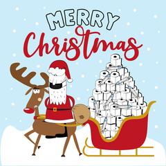Merry  Christmas - Funny angry reindeer and Santa Claus in facemask with toilet paper tower, and vaccines in sleigh. Funny greeting card for Christmas in covid-19 pandemic self isolated period. 