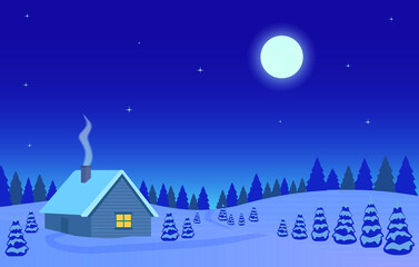 Vector illustration: Cartoon Winter christmas landscape Winter landscape background. Natural scenery - Vector illustration