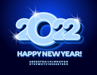 Vector bright light Greeting Card Happy New Year 2022! Blue electric Alphabet Letters and Numbers set. Trendy illuminated Font