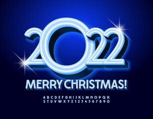 Vector stylish Greeting Card Merry Christmas 2022! Bright Blue Font. Elegant Neon Alphabet Letters and Numbers set