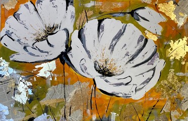 painting with acrylic paints with gold leaf and newspapers, white flowers. painting for the interior of the house